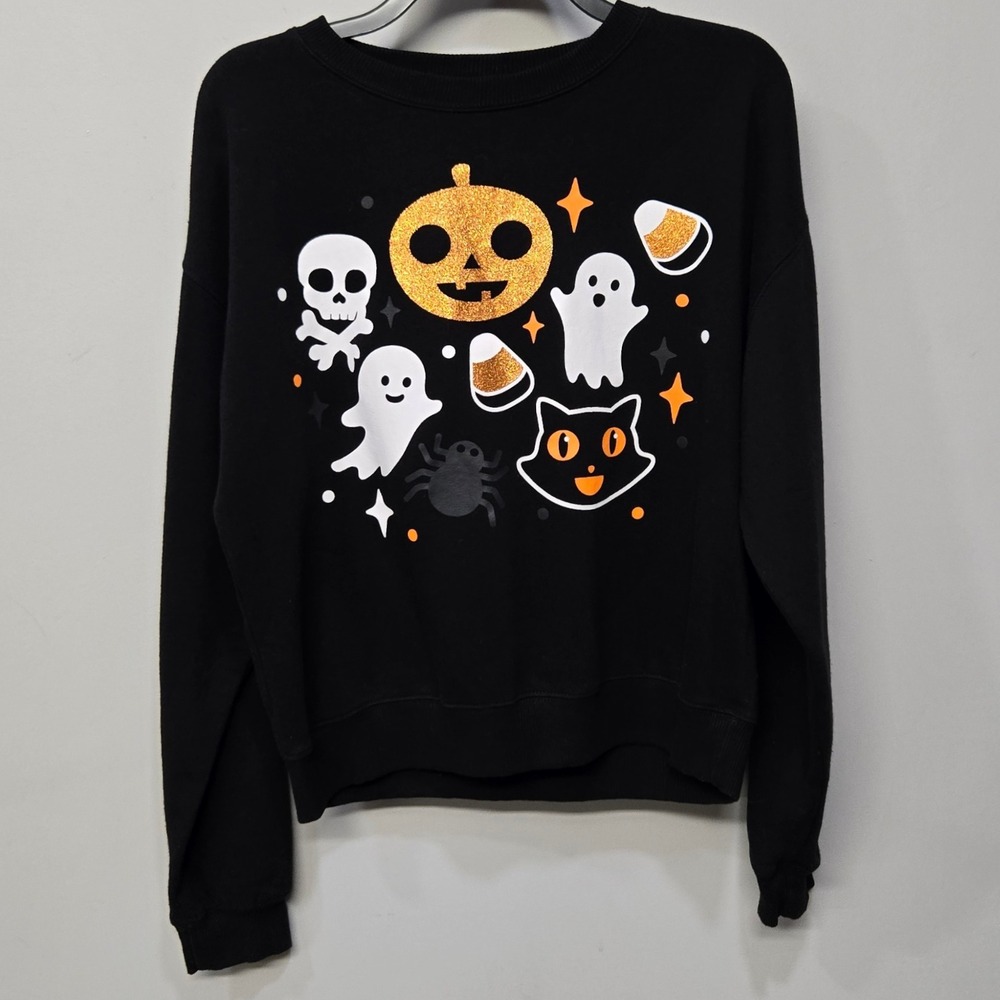 Womens Halloween Sweatshirt Medium Black Pullover Ghost Pumpkin Cat Creepy‎ Cute